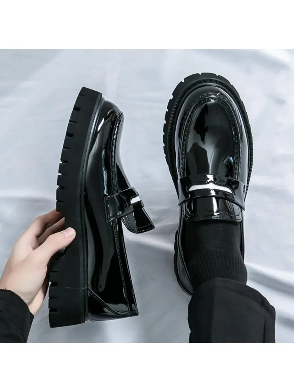Men's White Black Chunky Platform Loafers Slip On Business Casual Dress Shoes